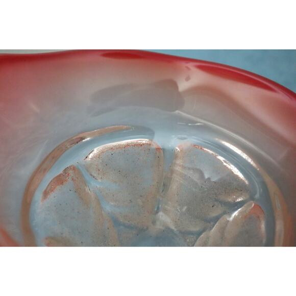 Vintage Sand Art Glass Trinket Bowl Dish Orange Red Ombre Footed Ruffled SIGNED - Picture 11 of 11